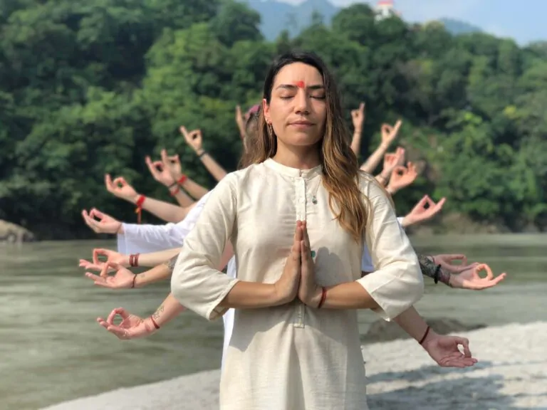 advance yoga teacher training students making namaste pose Rishikesh, india