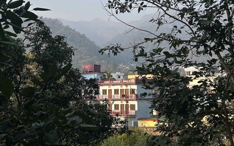 Nature view of vedic yoga academy ashram building in Rishikesh, India